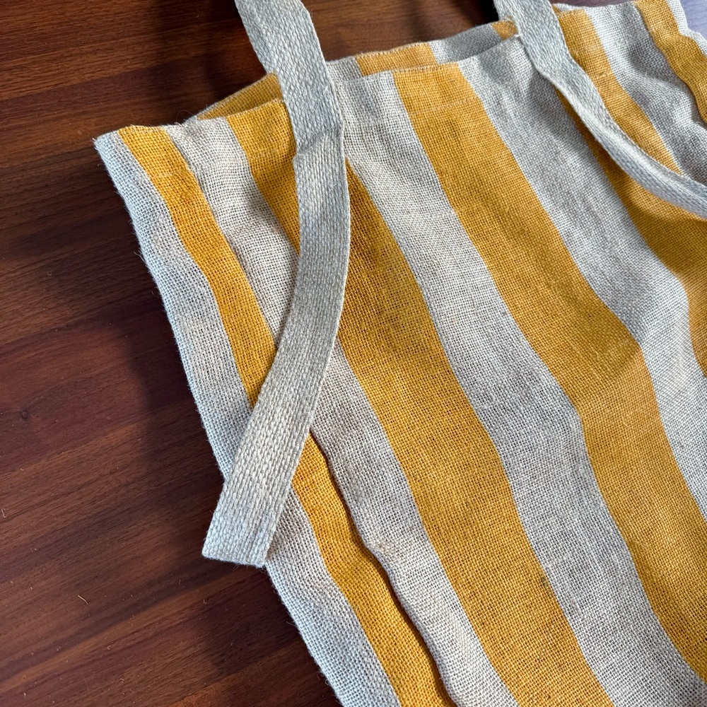 Saardé 100% Natural Woven Jute Market Bag in Mustard Stripe - Beach Pool Tote - Picture 5 of 15